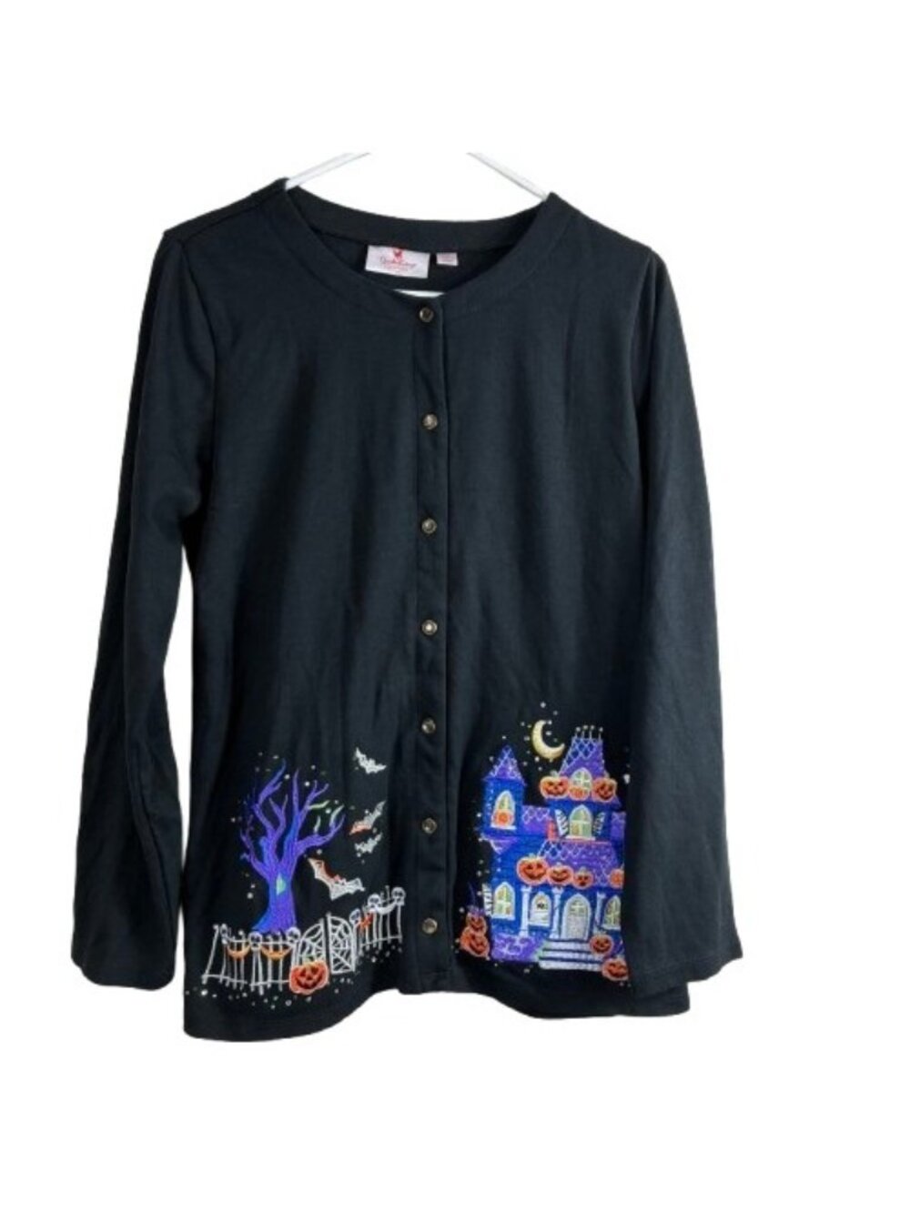 Quacker Factory Black Haunted House Embroidered Halloween Cardigan M